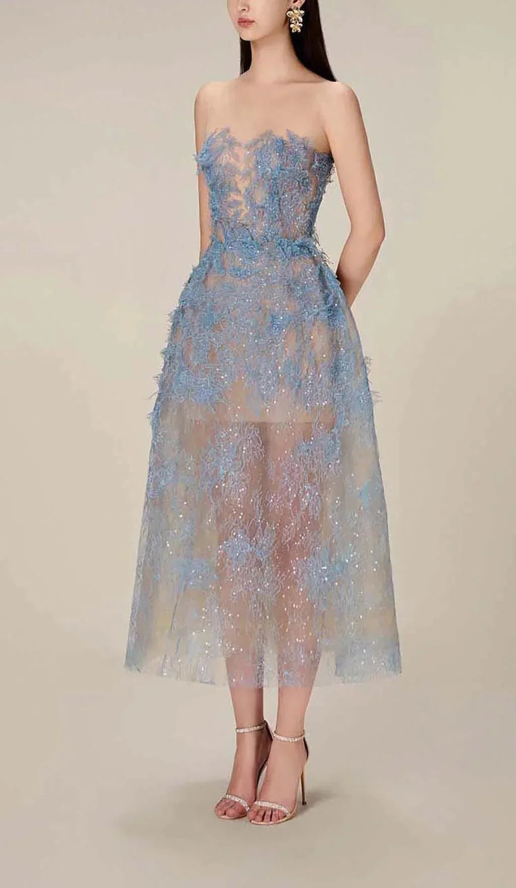 Ladies A-Line Evening Dress with Floral Embroidery and Glitter Tulle