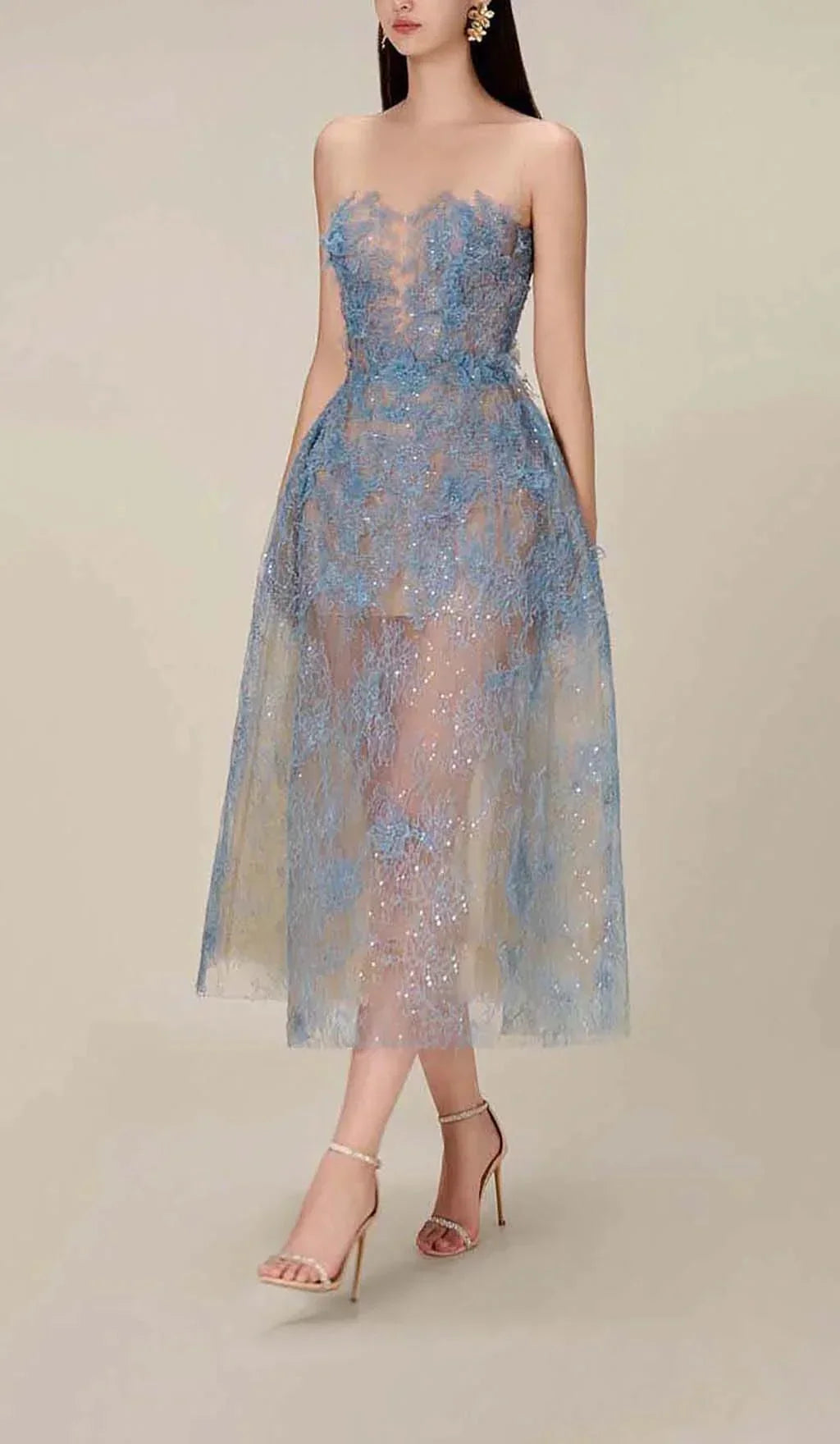 Ladies A-Line Evening Dress with Floral Embroidery and Glitter Tulle