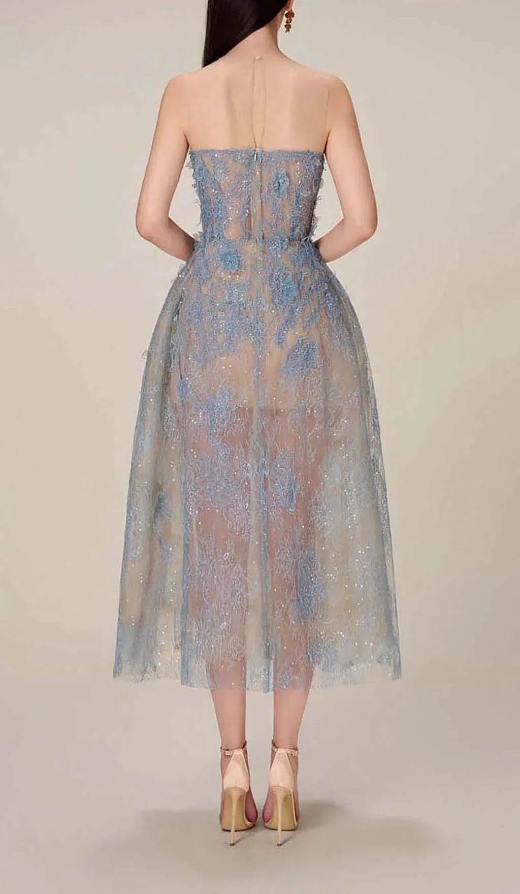 Ladies A-Line Evening Dress with Floral Embroidery and Glitter Tulle