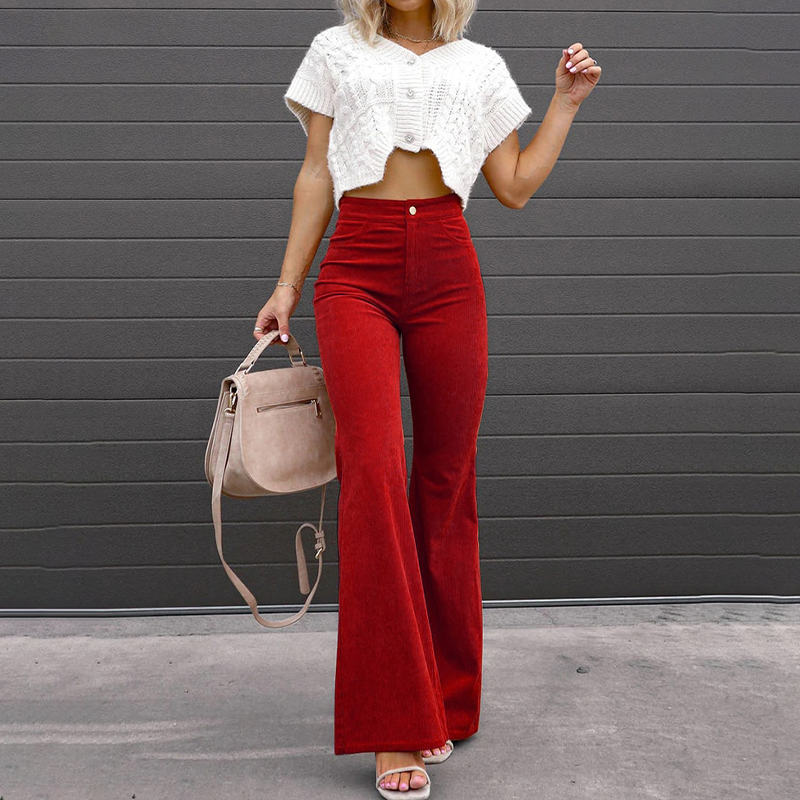 Elegant Women's High-Waisted Wide-Leg Velvet Trousers