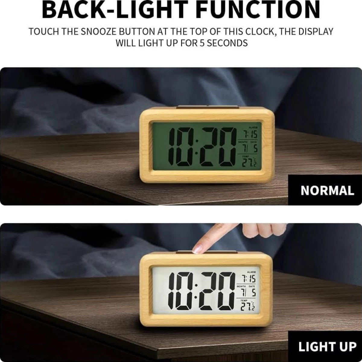 Wooden Digital Alarm Clock – LED Display with Temperature and Date