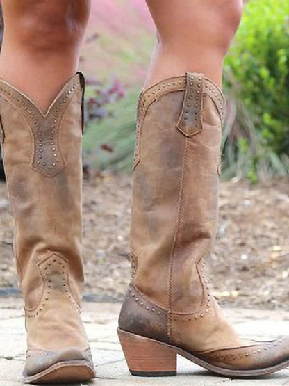 Ladies' Stylish Knee-High Cowboy Boots with Studs and Pointed Toe