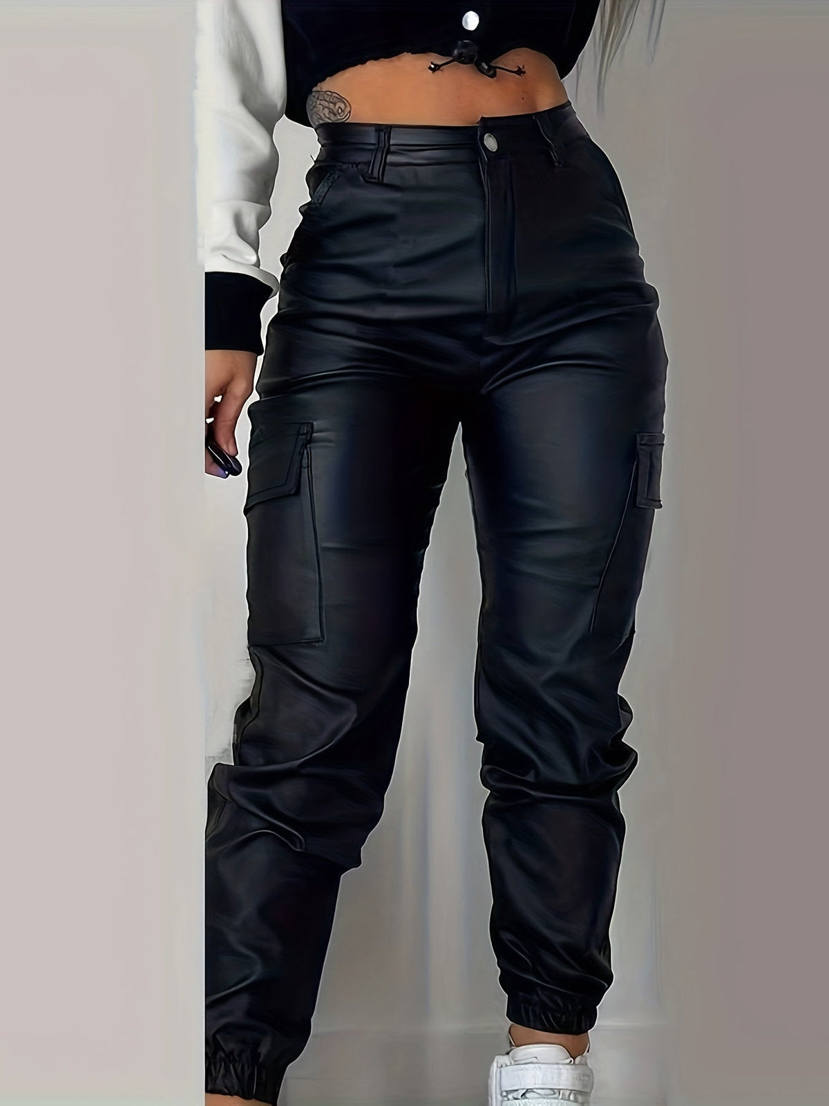 Trendy High-Waisted Cargo Trousers for Women with Leather Look and Elasticated Waist