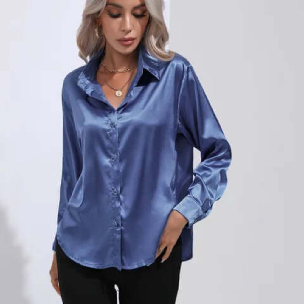 Ladies' Satin Blouse with Long Sleeves and Loose Fit