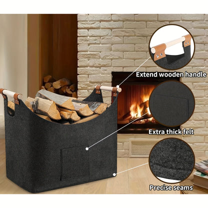 Foldable Felt Log Basket XL with Wooden Handles – Sustainable and Stylish Wood Carrier for Indoor Use