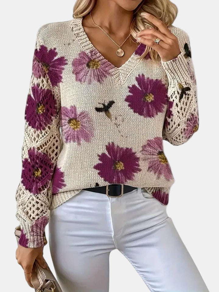 Ladies' Knitted Jumper with Floral Print and V-Neck