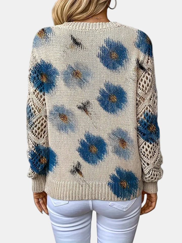 Ladies' Knitted Jumper with Floral Print and V-Neck