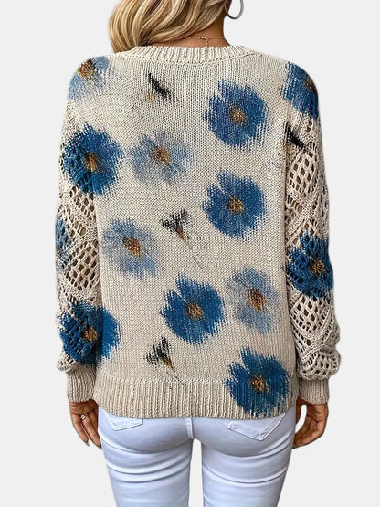 Ladies' Knitted Jumper with Floral Print and V-Neck