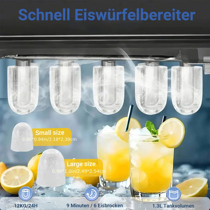 Compact Ice Cube Maker with Two Ice Cube Sizes and Fast Production