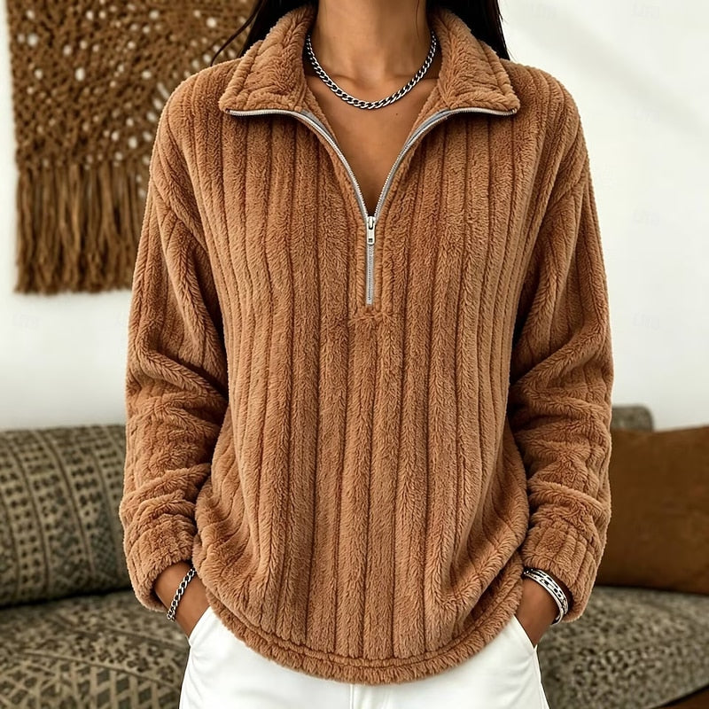 Ladies Soft Ribbed Jumper with Quarter-Zip and Collar