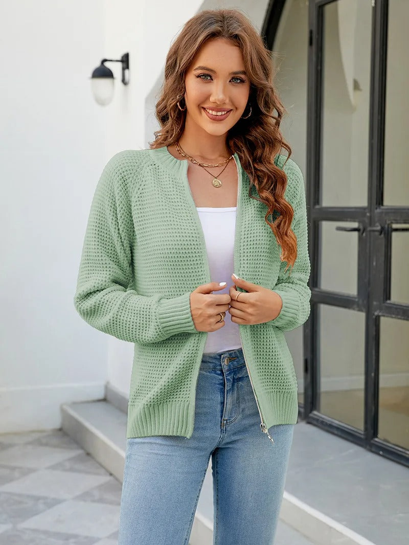 Solid Color Casual Women's Cardigan with Long Sleeves and Zipper - Kate