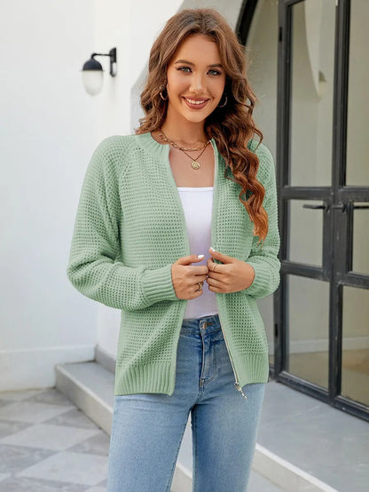 Solid Color Casual Women's Cardigan with Long Sleeves and Zipper - Kate