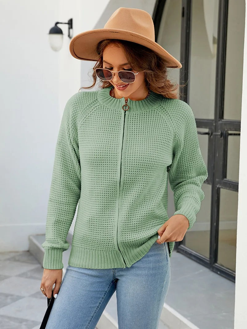 Solid Color Casual Women's Cardigan with Long Sleeves and Zipper - Kate
