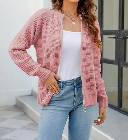Solid Color Casual Women's Cardigan with Long Sleeves and Zipper - Kate
