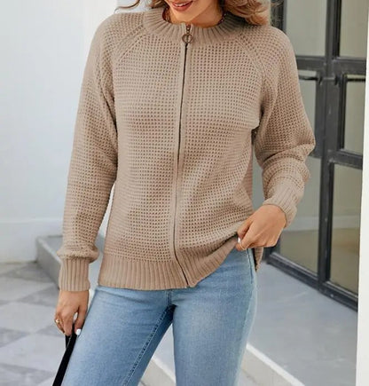 Solid Color Casual Women's Cardigan with Long Sleeves and Zipper - Kate