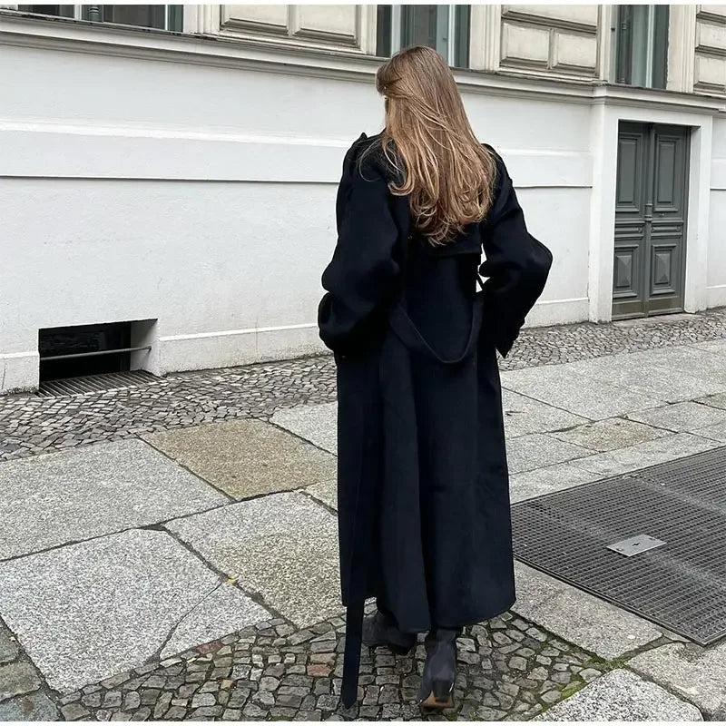 Palton lung oversized pentru damă, cu cordon