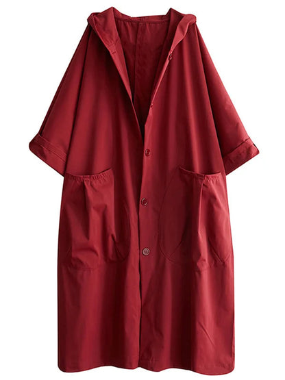 Oversized Midi Trench Coat with Hood and Large Pockets for Women