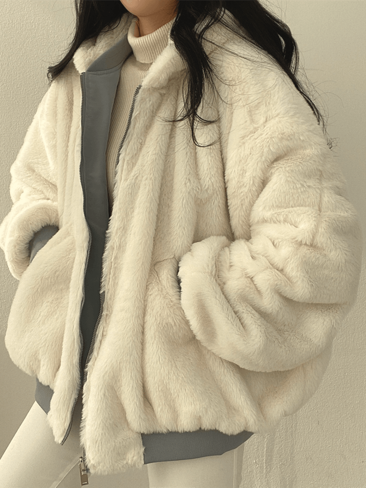 Oversized Women's Bomber Jacket with Fleece Lining