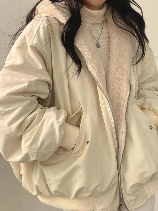 Oversized Women's Bomber Jacket with Fleece Lining