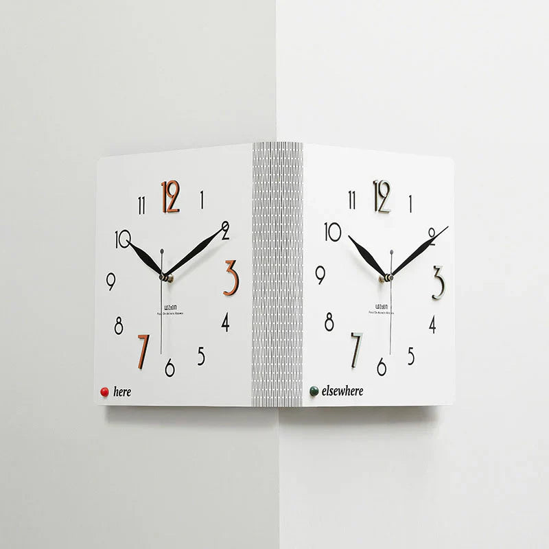 Double-Sided Wooden Corner Wall Clock - Minimalist - Unique Design - Functional Decor