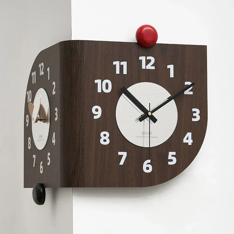 Reloj de pared de esquina de madera de doble cara - Diseño de nogal - Único y elegante