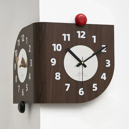 Reloj de pared de esquina de madera de doble cara - Diseño de nogal - Único y elegante