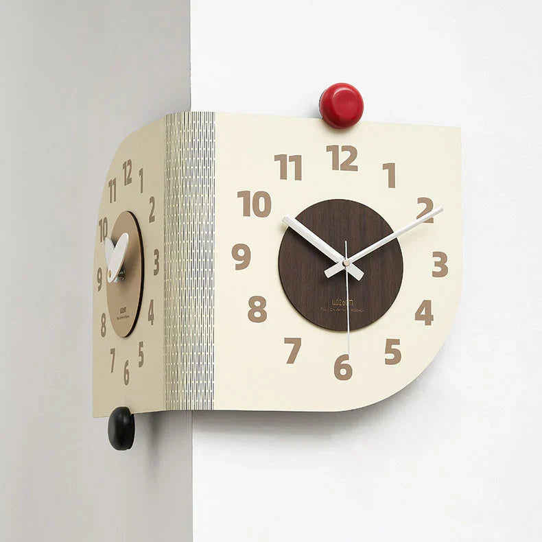 Reloj de pared de esquina de madera de doble cara - Diseño de nogal - Único y elegante