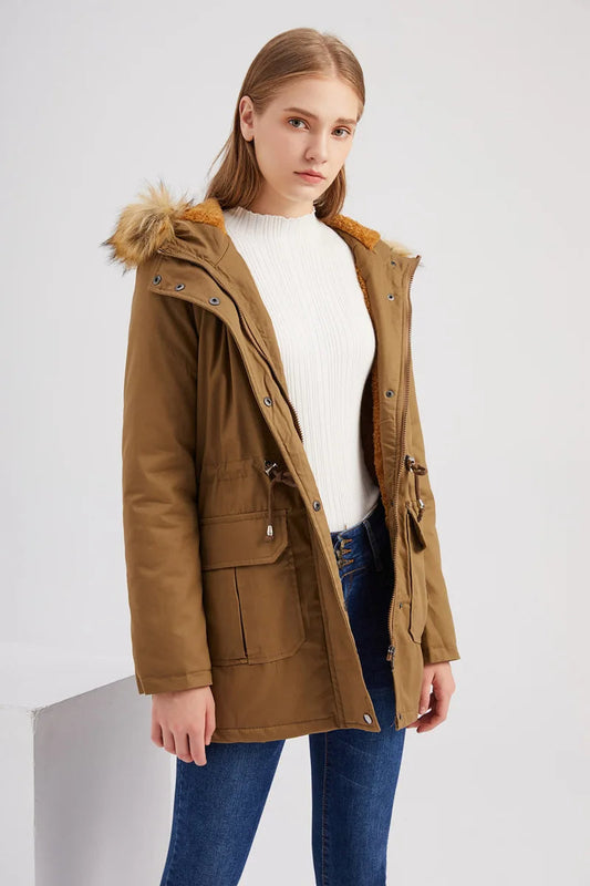 Levelle - Cappotto classico da donna di media lunghezza con cappuccio