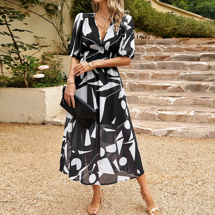 Midi dress with puff sleeves and V-neck - Olivia