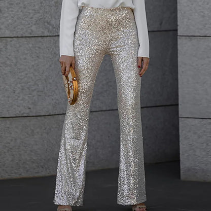 Glitter Sequined Ladies High Waist Flared Trousers