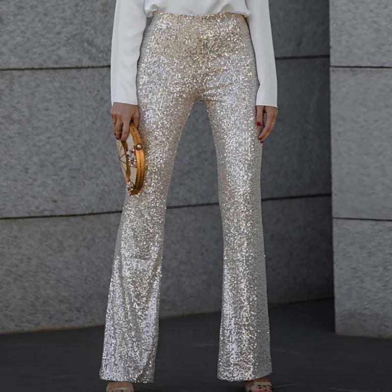 Pantalones acampanados de cintura alta con lentejuelas brillantes para mujer