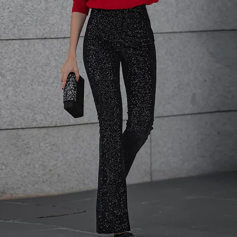 Glitter Sequined Ladies High Waist Flared Trousers