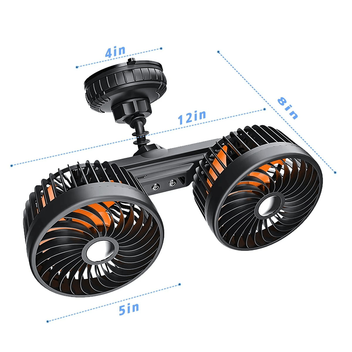 Dual Head Car Fan with Suction Cup and Battery