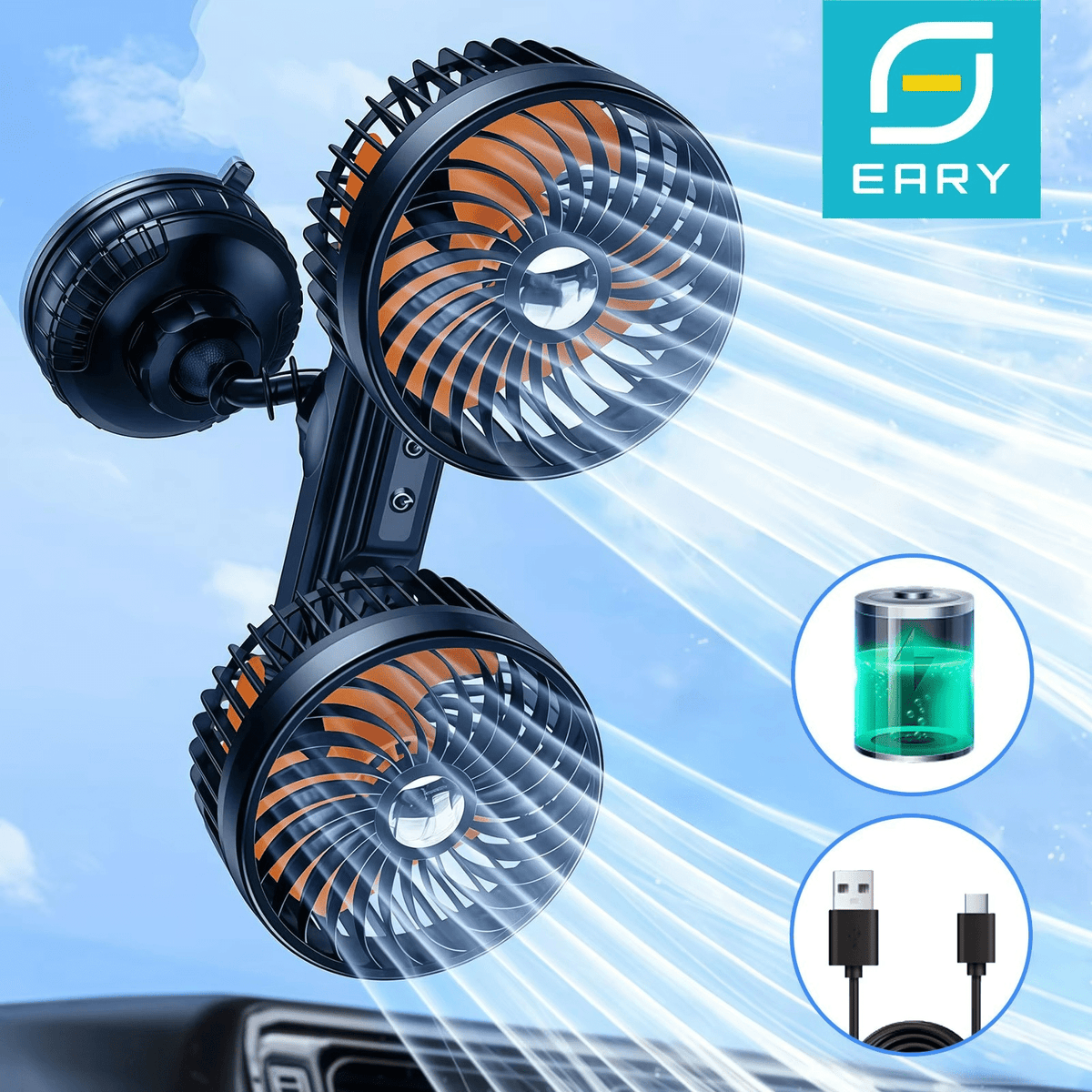 Dual Head Car Fan with Suction Cup and Battery