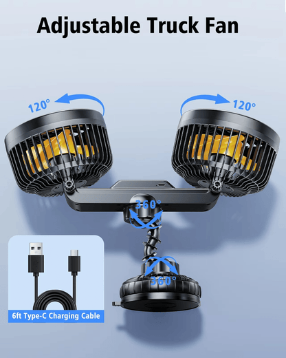 Dual Head Car Fan with Suction Cup and Battery