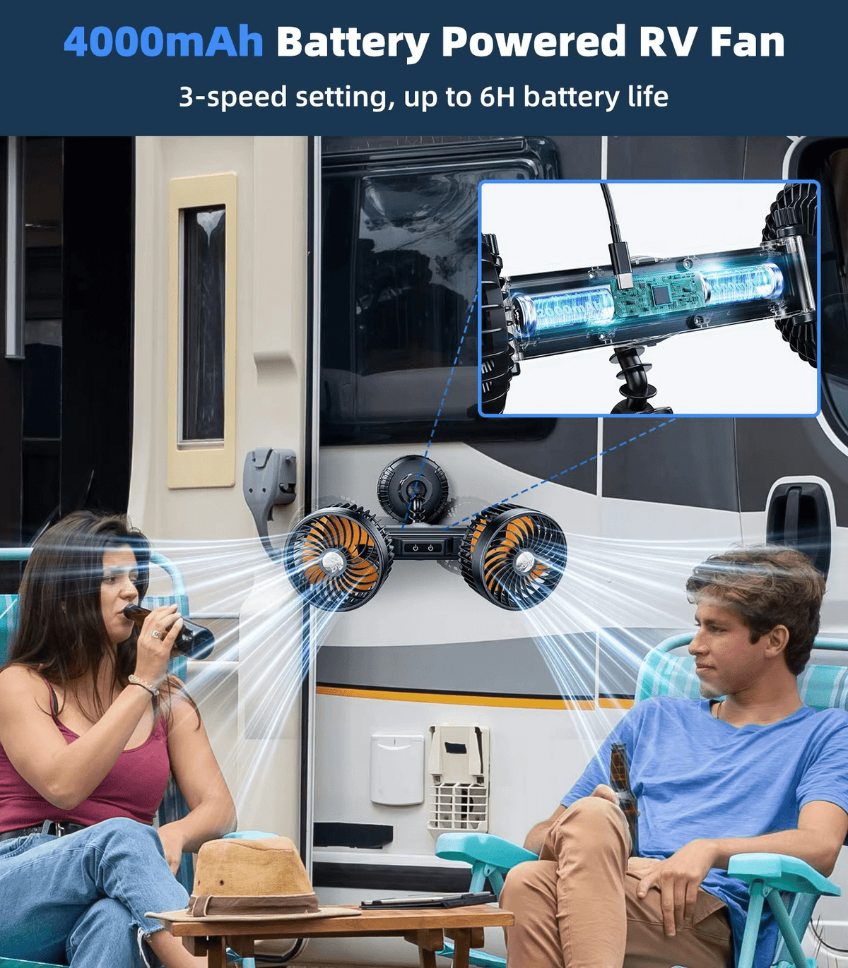 Bilvifte med doble viftehoder, sugekopp og batteri