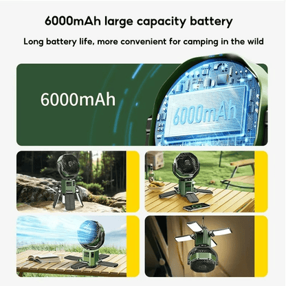 Ventilador portátil para camping con luz LED y batería de 6000 mAh