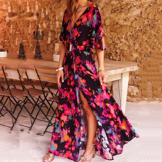 Vestido maxi bohemio con escote en V, abertura y cinturón - Dorothy