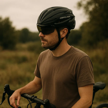 Fahrradhelm | integrierte Brille, Visier | schwarz, belüftet