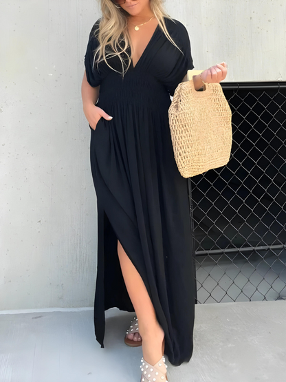 Long maxi dress with slit and V-neck