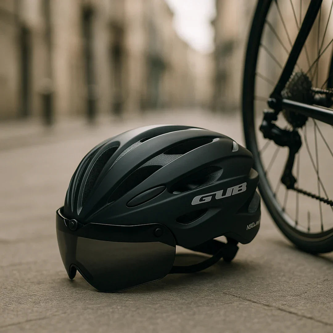 Fahrradhelm | integrierte Brille, Visier | schwarz, belüftet