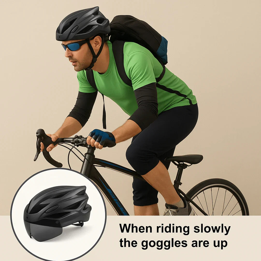 Fahrradhelm | integrierte Brille, Visier | schwarz, belüftet