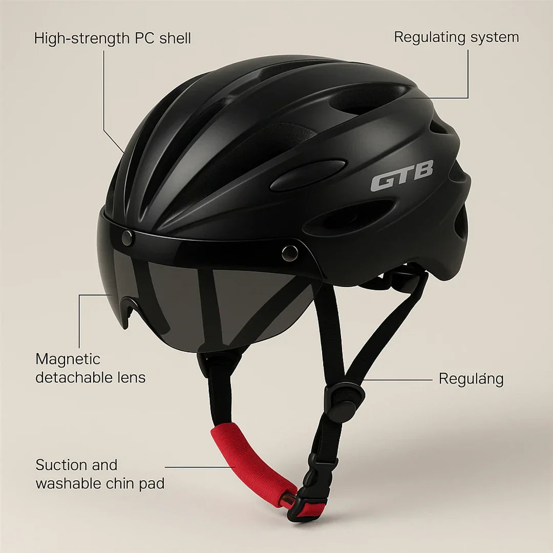 Fahrradhelm | integrierte Brille, Visier | schwarz, belüftet