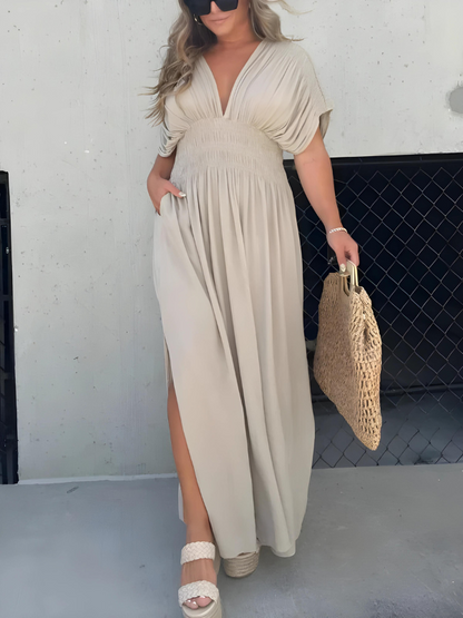Long maxi dress with slit and V-neck