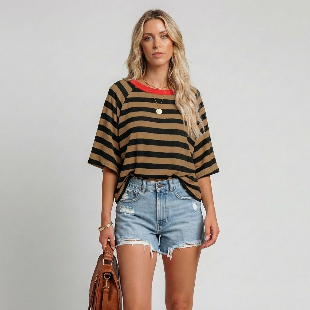 Maglia girocollo da donna a righe con blocchi di colore