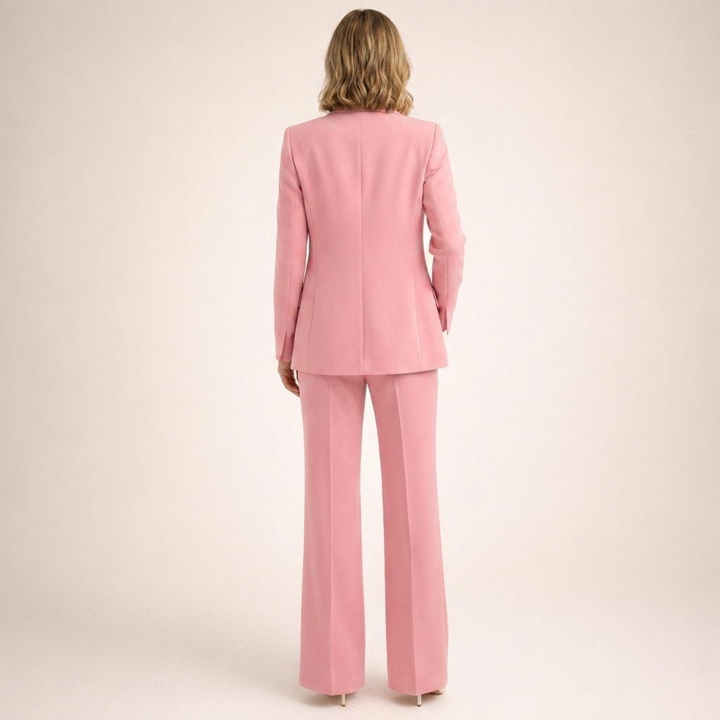 Costum clasic pentru femei, cu pantaloni evazați și rever crestat