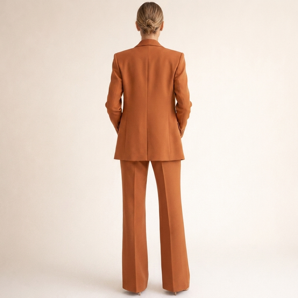 Costum clasic pentru femei, cu pantaloni evazați și rever crestat