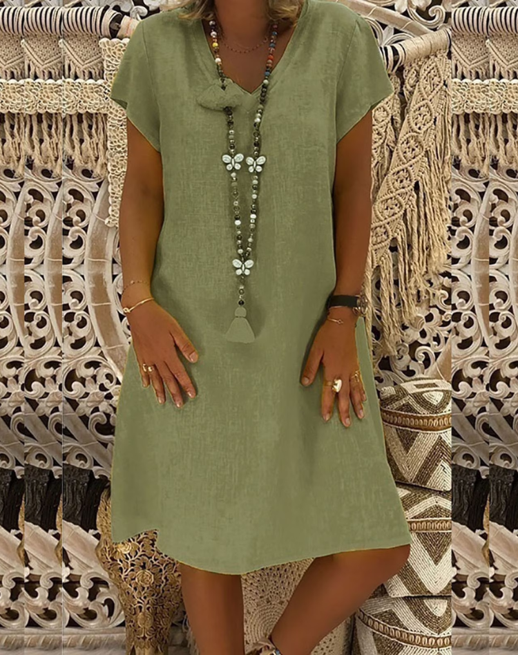 Ladies' Airy Dress with V-Neck and Short Sleeves