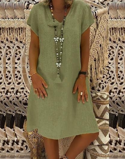 Ladies' Airy Dress with V-Neck and Short Sleeves