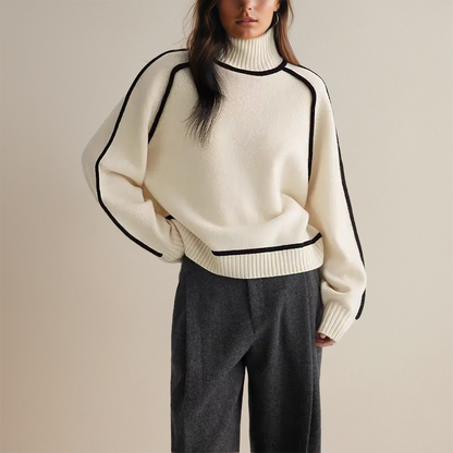 Warm Knitted Turtleneck Sweater for Women with Stripe Detail